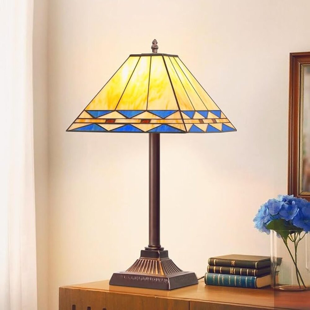Tiffany Style Table Lamp, Vintage Bedside Nightstand Lamp w/Square Stained Glass